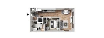 a stylized floor plan with a bedroom and a living room