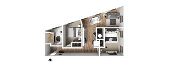 a stylized floor plan with a bedroom and a living room