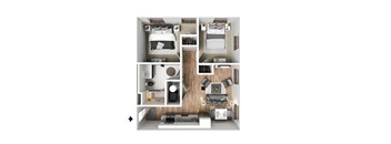 a stylized 3d floor plan with a bedroom and living room
