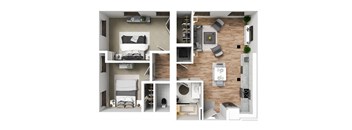 a stylized floor plan with bedrooms and a living room