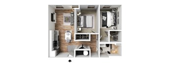 a 2 bedroom floor plan with a bathroom and a living room