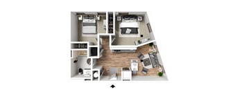 a stylized floor plan with a bedroom and a living room