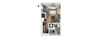 a stylized drawing of a bedroom with a wood floor