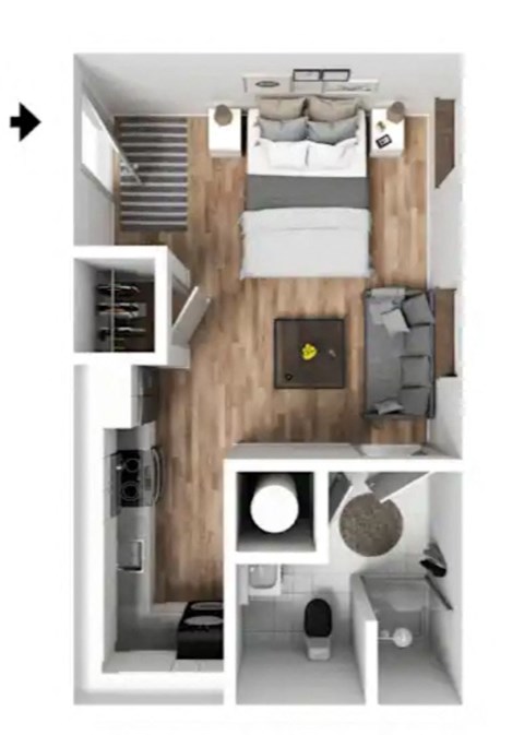 a stylized drawing of a bedroom with a wood floor