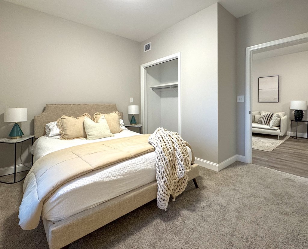 a bedroom with a bed and a closet