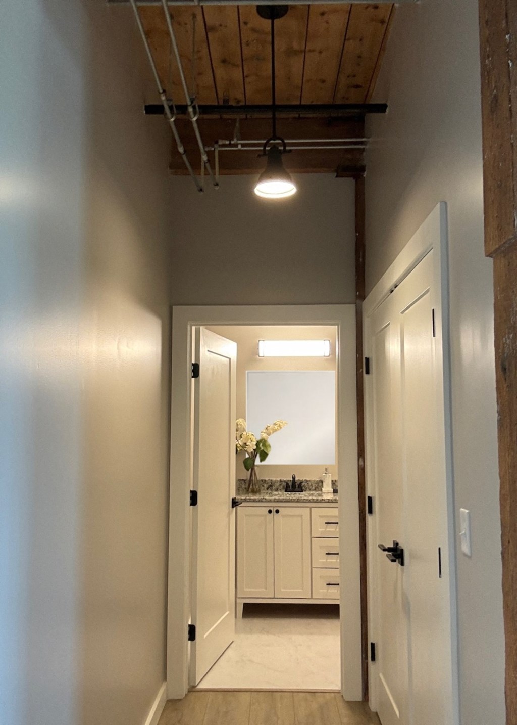 a view of a bathroom from the hallway with a sink and a mirror