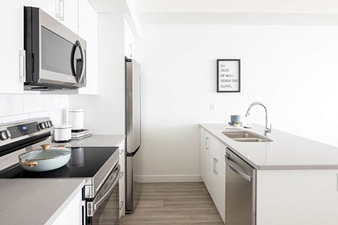 a kitchen with stainless steel appliances and a sink