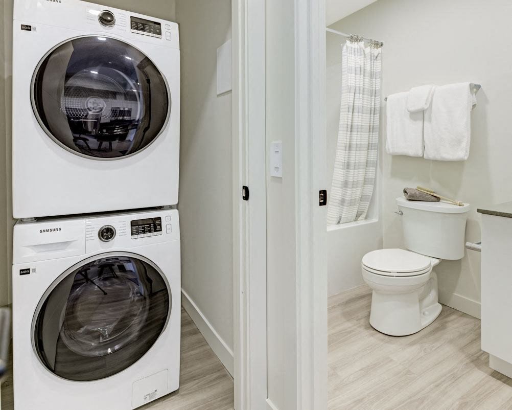 a bathroom with a washing machine and a toilet