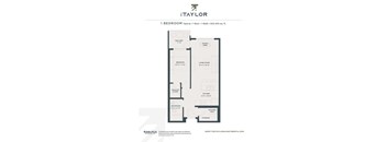 A floor plan for a 1 bedroom apartment sized 602-615 sq.ft.