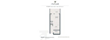 A floor plan for a studio apartment with a bathroom and a kitchen.