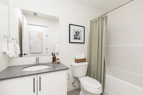 A bathroom with a toilet, sink, and shower.