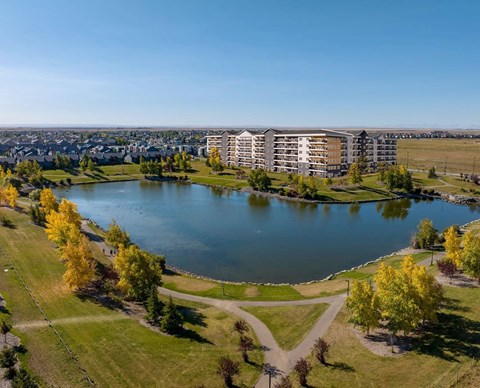 A large building is situated next to a body of water with a grassy area in front of it.