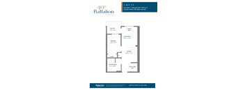 A floor plan for a 40th Battalion apartment shows a living area, kitchen, bathroom, and bedroom.