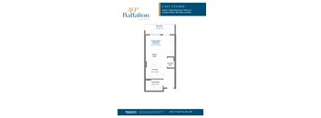 A floor plan for a 40th Battalion apartment shows a living room, bedroom, dining area, kitchen, bathroom, and balcony.