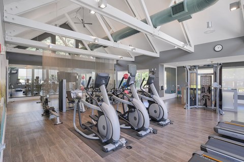 A gym with a variety of exercise equipment including treadmills, stationary bikes, and weight machines.