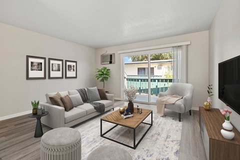 A living room with a grey couch, a wooden coffee table, and a television.