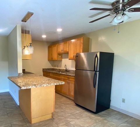 A kitchen with a black refrigerator and wooden cabinets.