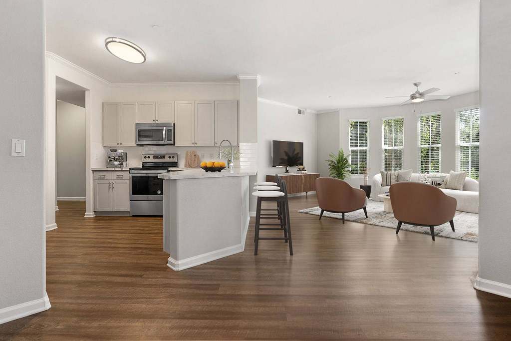 a living room with a kitchen and a dining room
