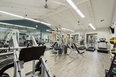 A gym with a variety of equipment including treadmills, weights, and exercise machines.