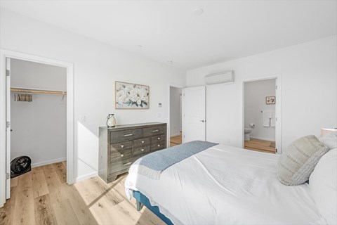A bedroom with a bed, dresser, and mirror.