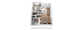 A 3D floor plan of a small apartment with a kitchen, living room, and bathroom.