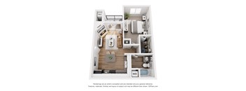 A 3D floor plan of a house with labeled rooms.