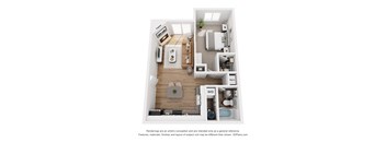 A 3D floor plan of a small apartment with a kitchen, living room, and bathroom.