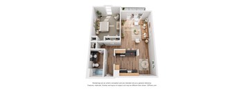 a stylized floor plan with a bedroom and living room