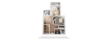 a furnished floor plan with a bedroom and a living room