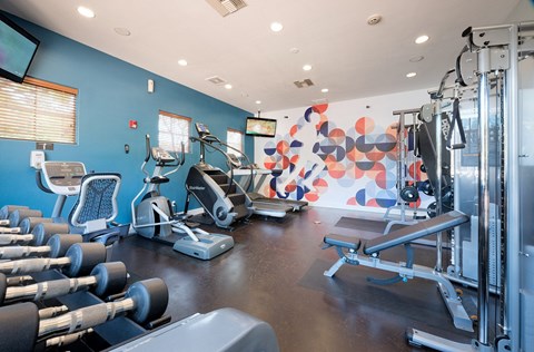 A gym with a variety of equipment including dumbbells, weight machines, and a bench press.