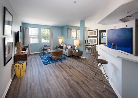A living room with a blue rug and brown chairs.