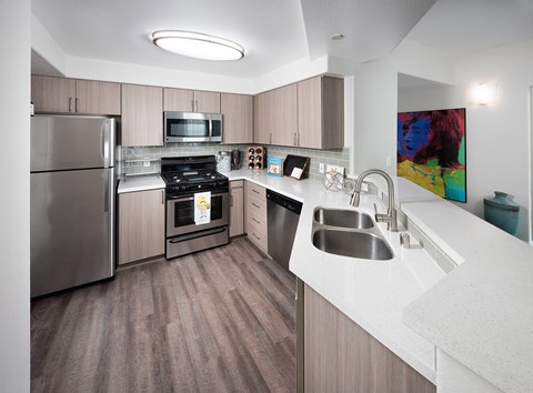 A modern kitchen with a stainless steel refrigerator, oven, and sink.
