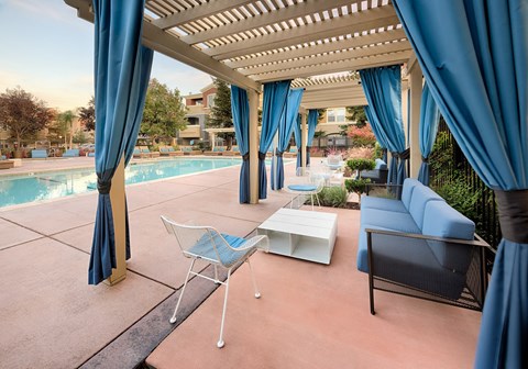 A patio with a pool and blue curtains.