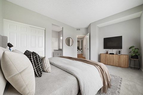A bedroom with a bed, a dresser, and a mirror.