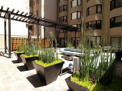 A patio with a pool and a pergola.