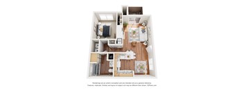 A 3D floor plan of a small apartment with a kitchen, living room, and bathroom.