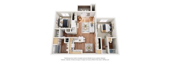 A 3D floor plan of a house with a kitchen, living room, and two bedrooms.