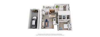 A 3D floor plan of a small apartment with a kitchen, living room, and bathroom.