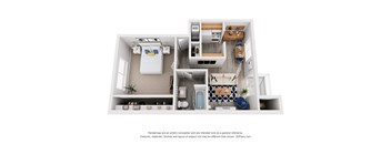 A 3D floor plan of a small apartment with a kitchen, living room, and bathroom.