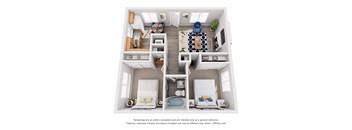 A 3D floor plan of a small apartment with two bedrooms, a living room, and a kitchen.
