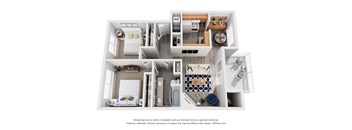 A 3D floor plan of a house with labeled rooms.