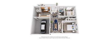A 3D floor plan of a house with a kitchen, living room, bedrooms and bathrooms.