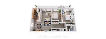 A 3D floor plan of a small apartment with a kitchen, living room, and bathroom.