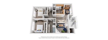 A 3D floor plan of a house with labeled rooms.
