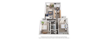 A 3D floor plan of a house with a kitchen, living room, and bathroom.