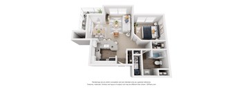 A 3D floor plan of a house with a kitchen, living room, and two bedrooms.