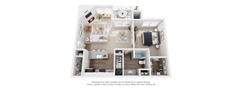 A 3D floor plan of a small apartment with a kitchen, living room, and bathroom.