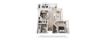 A 3D floor plan of a house with a kitchen, living room, and two bedrooms.