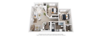 A white 3D floor plan of a house with furniture and appliances.