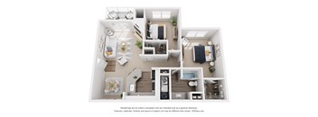 A 3D floor plan of a house with a kitchen, living room, and bathroom.